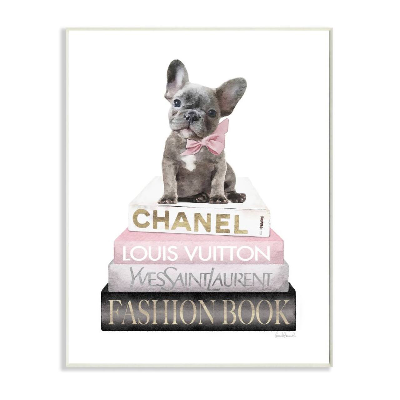Stupell Industries Dashing French Bulldog and Iconic Fashion Bookstack Wood Wall Plaque